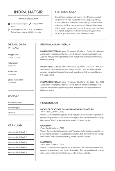 template resume manajer restoran untuk manajer restoran